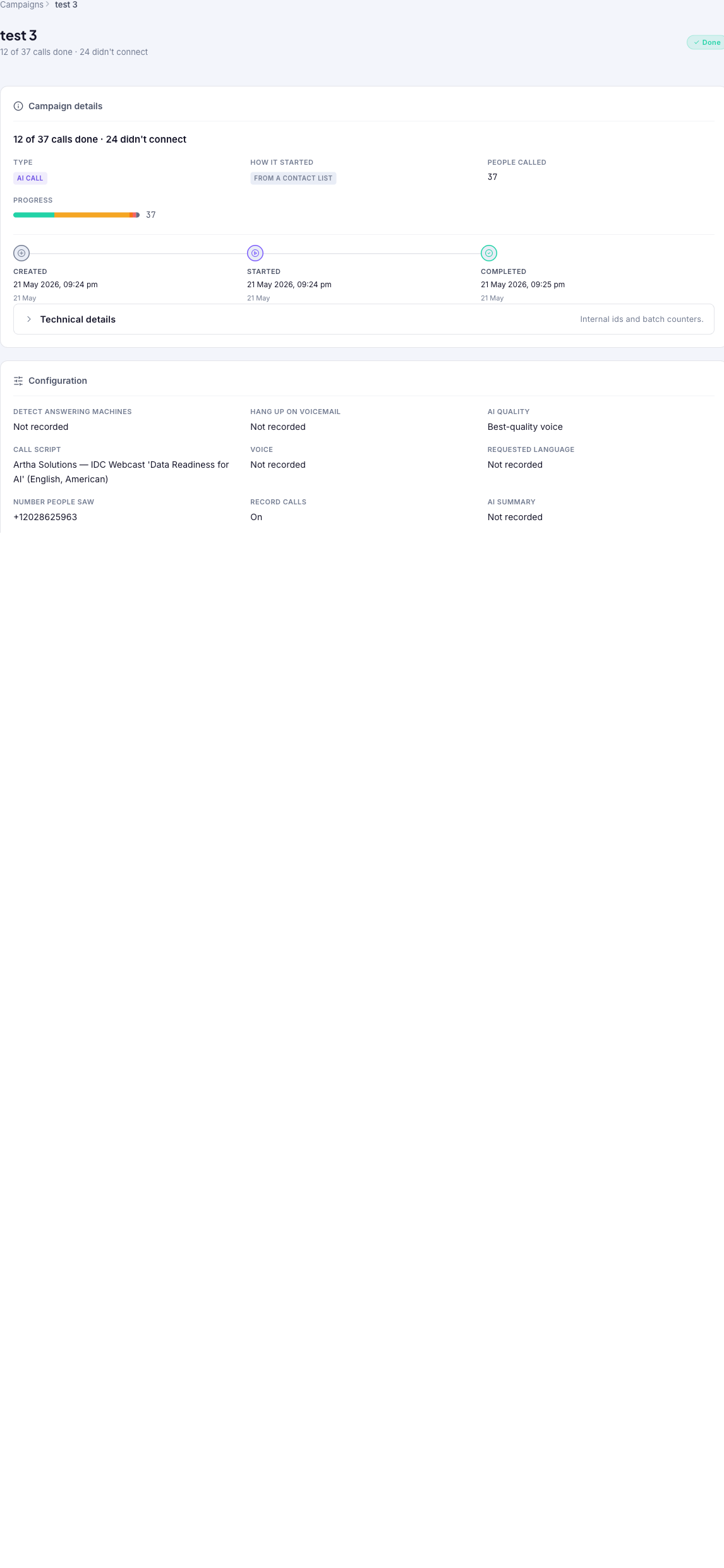Campaign detail page showing a breadcrumb, the campaign name and status, a Campaign details summary with Type / How it started / People called / Progress, a timeline of Created, Started, and Completed, and a Configuration section