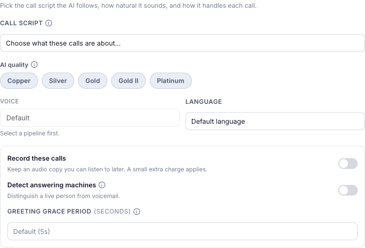The "What happens on the call" step for an AI call, showing a Call script dropdown, AI quality tiers (Copper, Silver, Gold, Gold II, Platinum), Voice and Language pickers, and toggles for recording calls and detecting answering machines